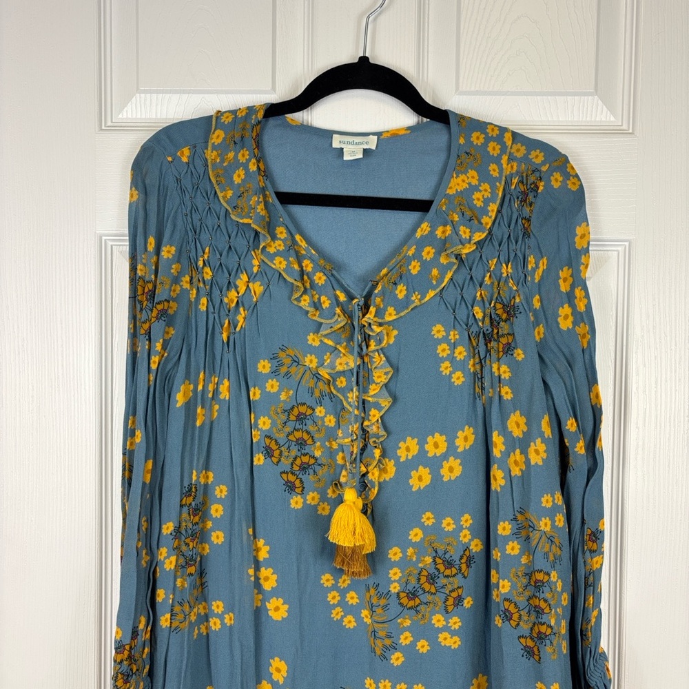 Sundance blue gold long sleeve floral dress sz med - Picture 2 of 9
